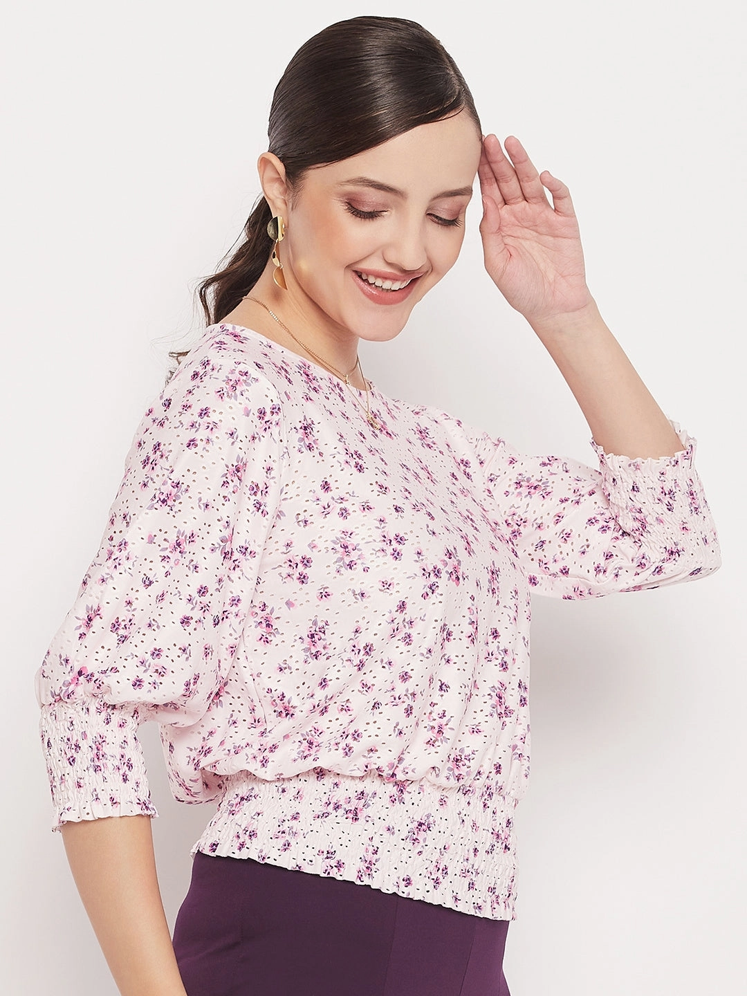 Madame Pink Elasticated Waist Cotton Floral Top RaglanSleeve