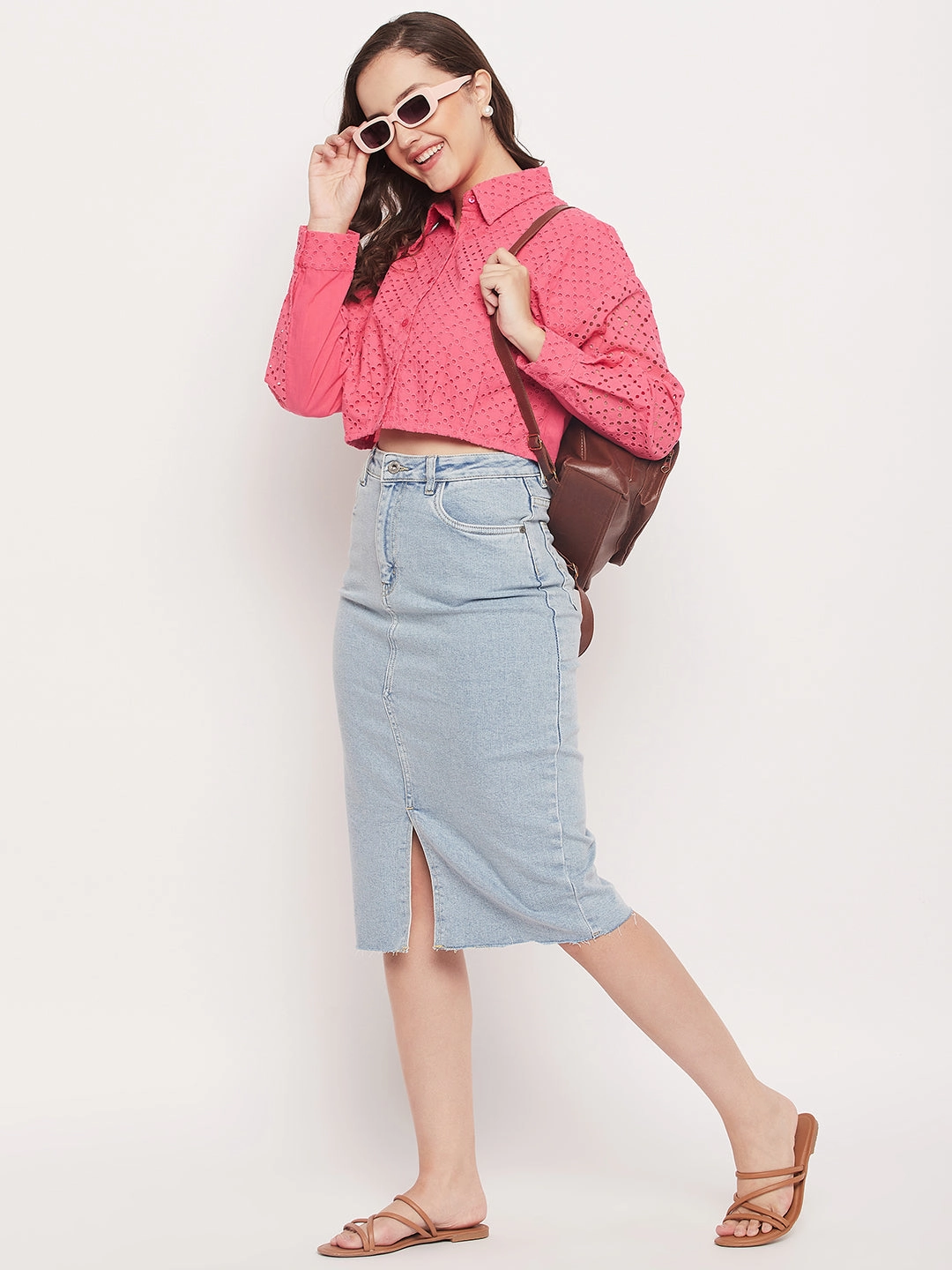 Asymmetrical Cut Madame Pink Schiffli Crop Shirt