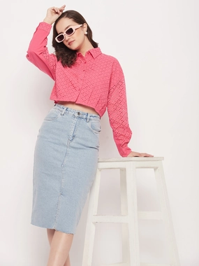 Glossy Texture Cozy Fit Madame Pink Schiffli Crop Shirt