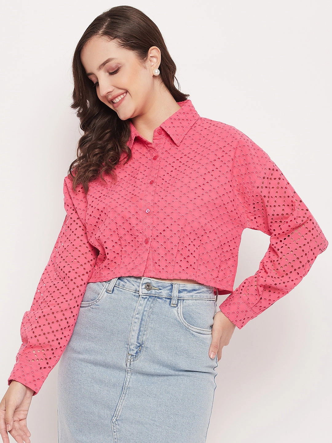 Madame Pink Schiffli Crop Shirt Stretch Material