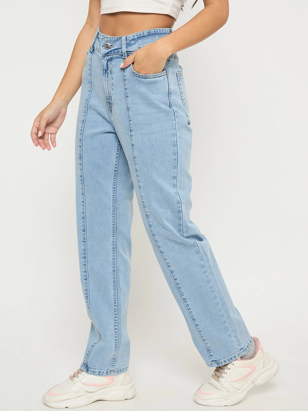 Madame Pintuck Detailed Bright Blue Cotton Blend Jeans Brunch Outfit Summer Vibes Versatile Match With All