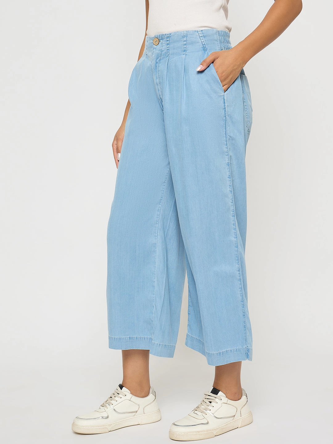 Madame Pintuck Detailed Cotton Blend Light Blue Wide Leg Jeans Athlete Fit High Quality Unisex Outfit