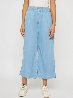 Loose Spring Mood Madame Pintuck Detailed Cotton Blend Light Blue Wide Leg Jeans