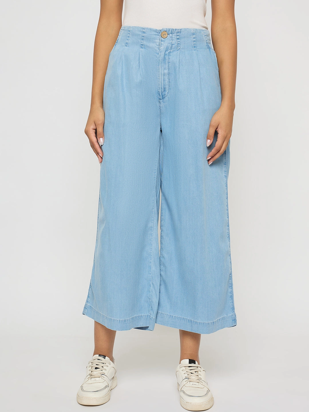 Loose Spring Mood Madame Pintuck Detailed Cotton Blend Light Blue Wide Leg Jeans
