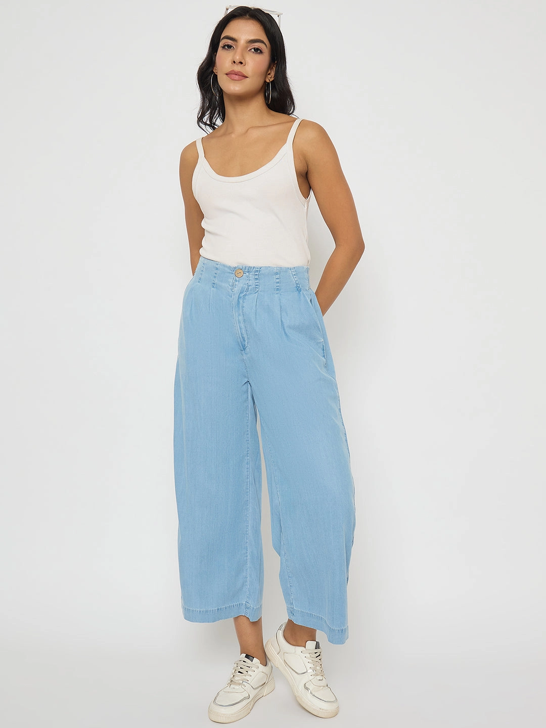 Simple Touch Season Ready Madame Pintuck Detailed Cotton Blend Light Blue Wide Leg Jeans