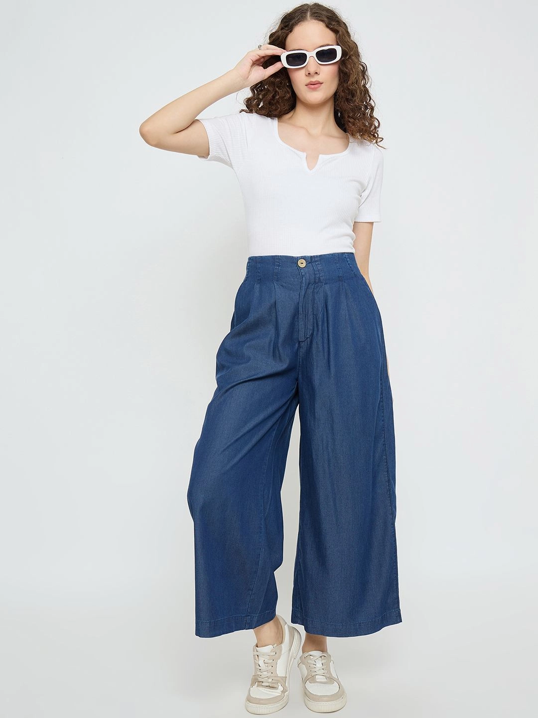 Madame Pintuck Detailed Cotton Blend Mid Blue Wide Leg Jeans No Fuss Fit Eco Certified Textile Standards