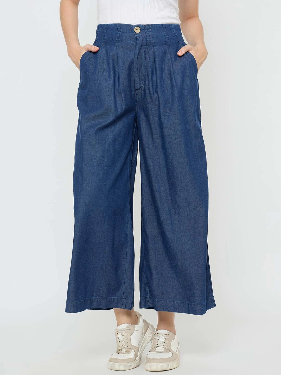 Comfy Option Affordable Unisex Wear Madame Pintuck Detailed Cotton Blend Mid Blue Wide Leg Jeans