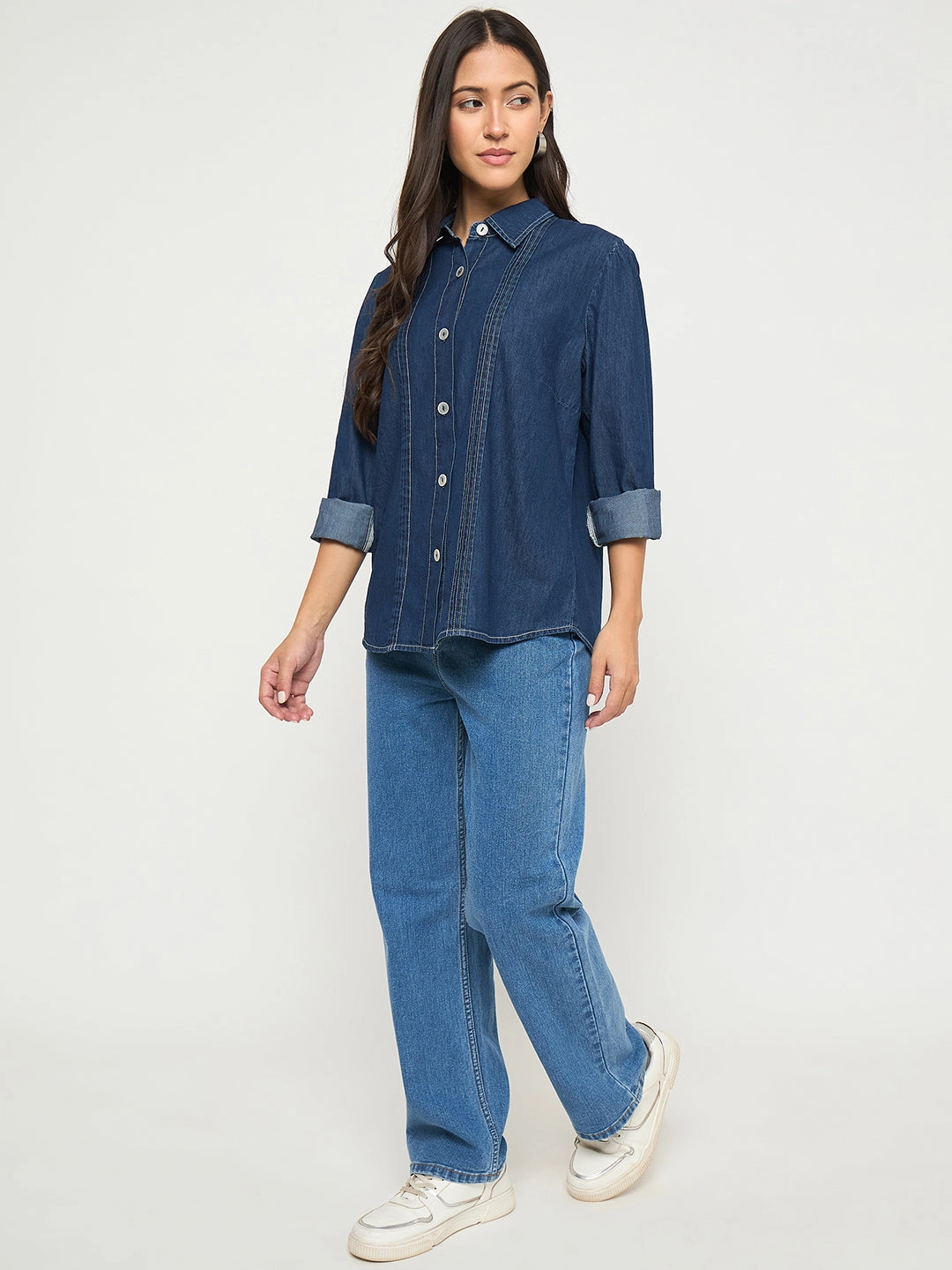 Friends Meetup Madame Pintuck Detailed Mid Blue Denim Shirt