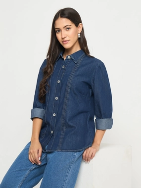 Bold Prints Madame Pintuck Detailed Mid Blue Denim Shirt