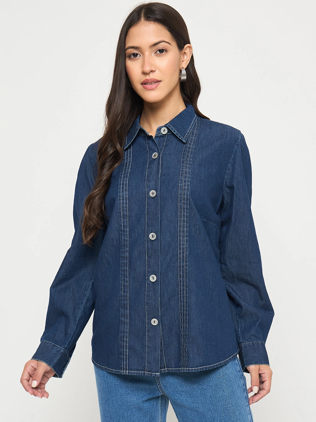 Madame Pintuck Detailed Mid Blue Denim Shirt Non Iron Student Essential