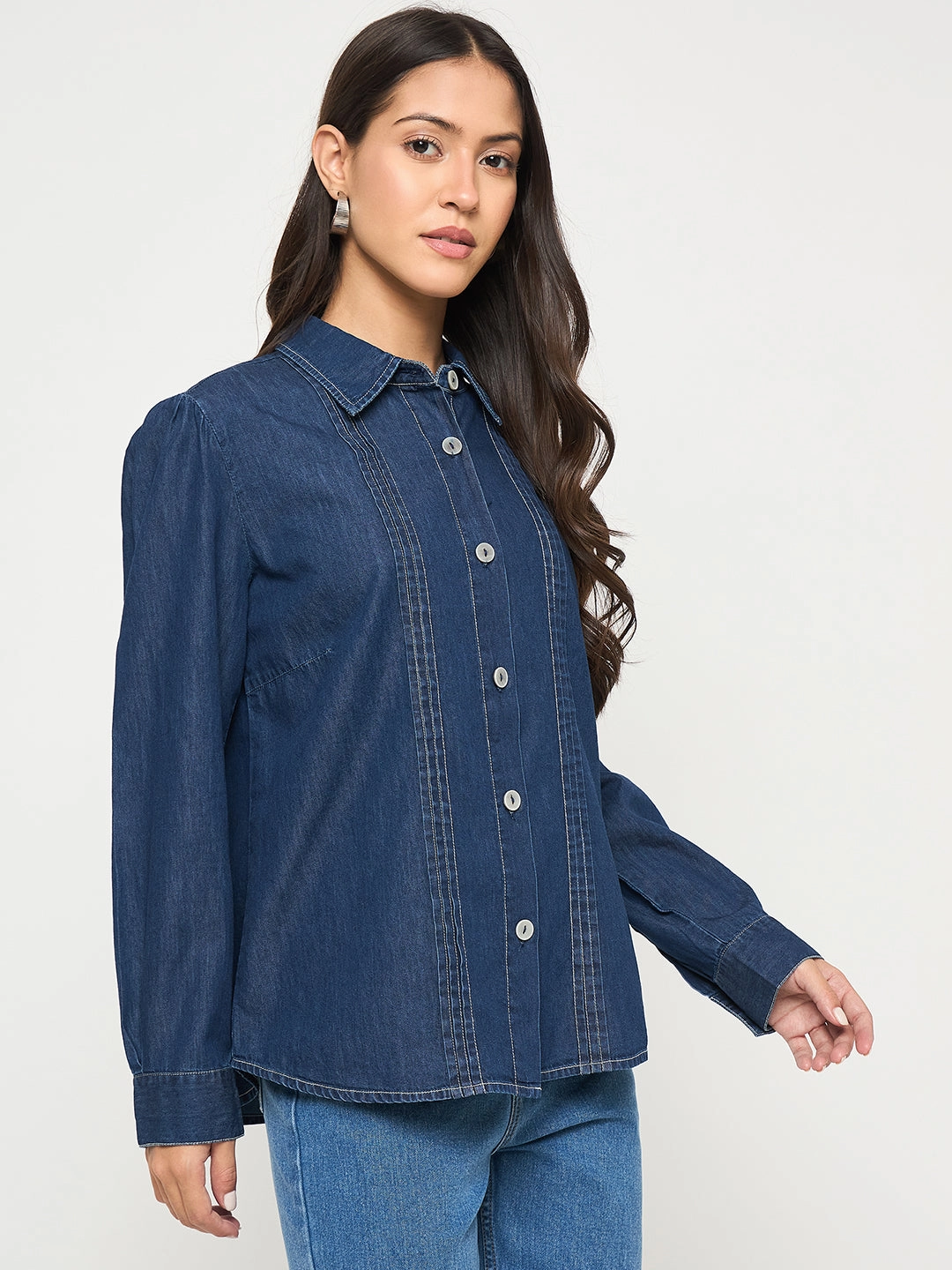 Madame Pintuck Detailed Mid Blue Denim Shirt Distressed finish