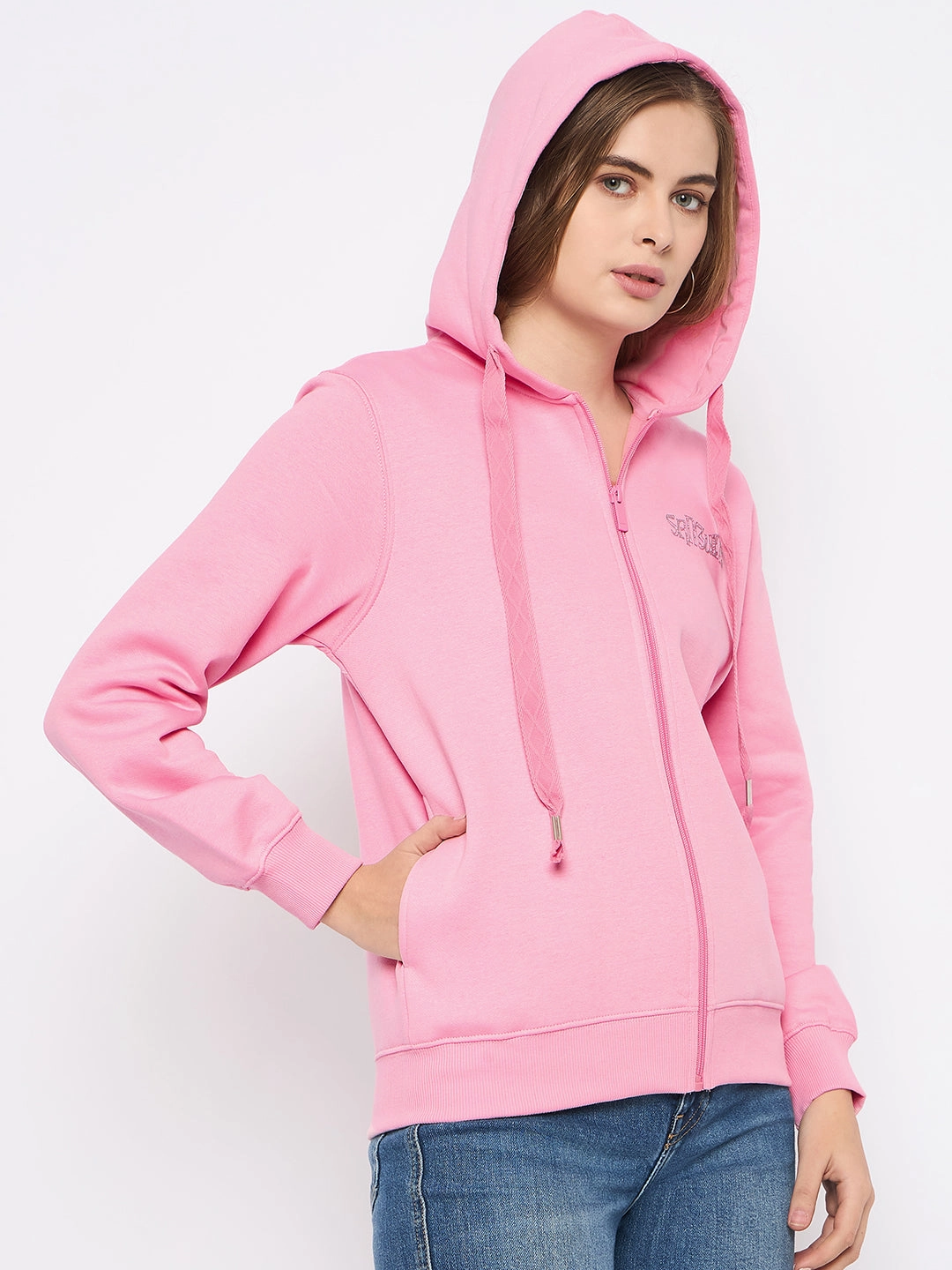 Madame Placement Print Detailed Pink Hooded Sweatshirt Bold Print right for travel
