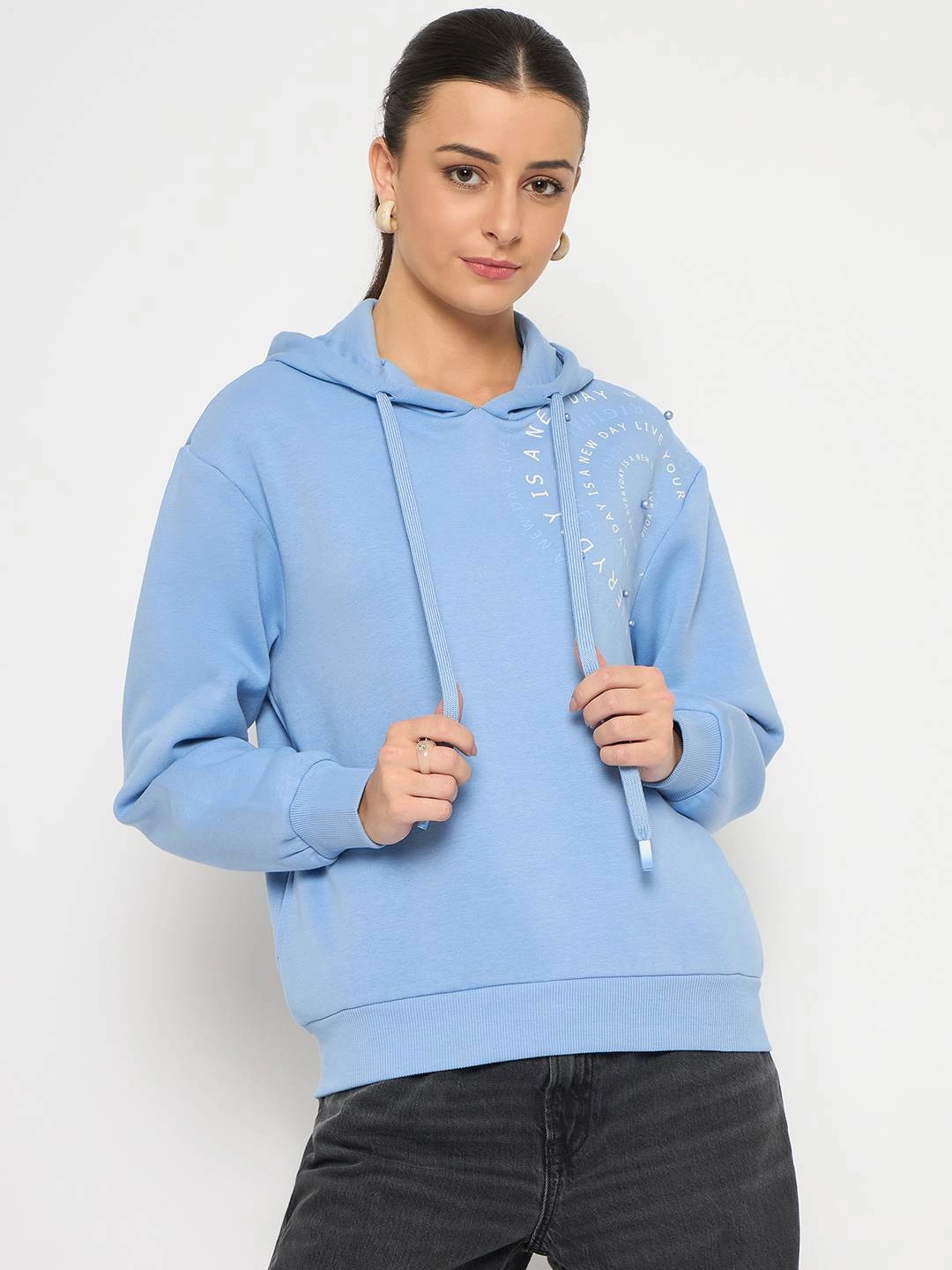 Active Comfort Madame Placement Printed Pearl Detailed Powder Blue Sweatshirt