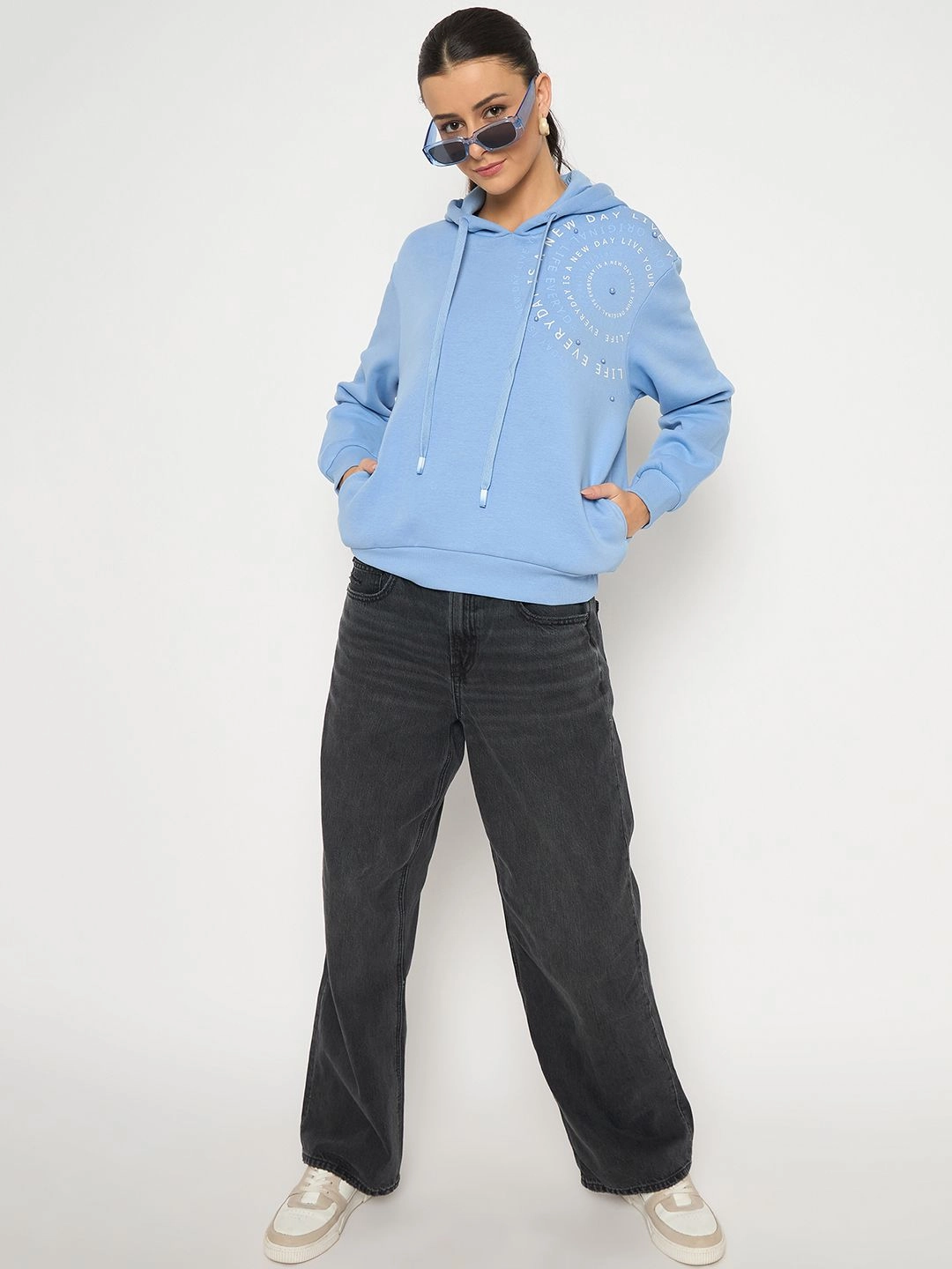 Madame Placement Printed Pearl Detailed Powder Blue Sweatshirt Petite Cut