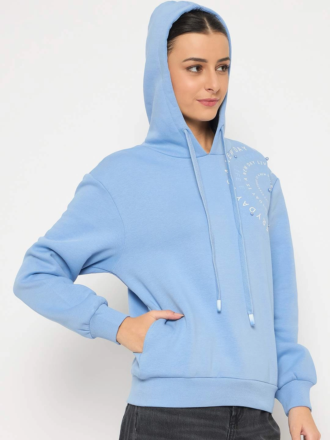 Color fastness Madame Placement Printed Pearl Detailed Powder Blue Sweatshirt