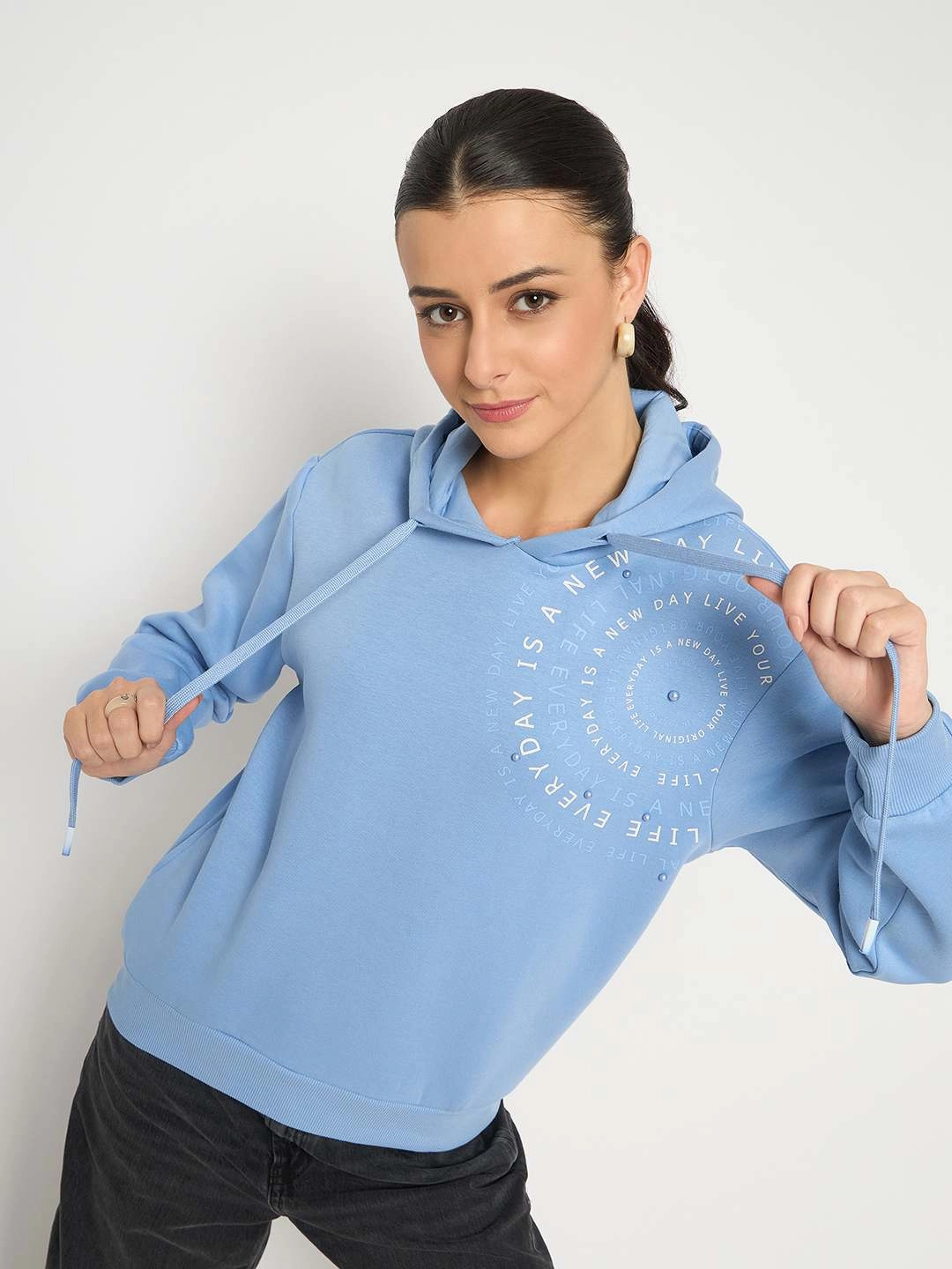 casual party product return policy Madame Placement Printed Pearl Detailed Powder Blue Sweatshirt
