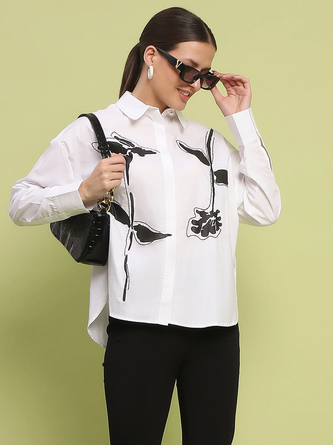 Madame Placement Printed White Cotton Shirt Youthful Appeal
