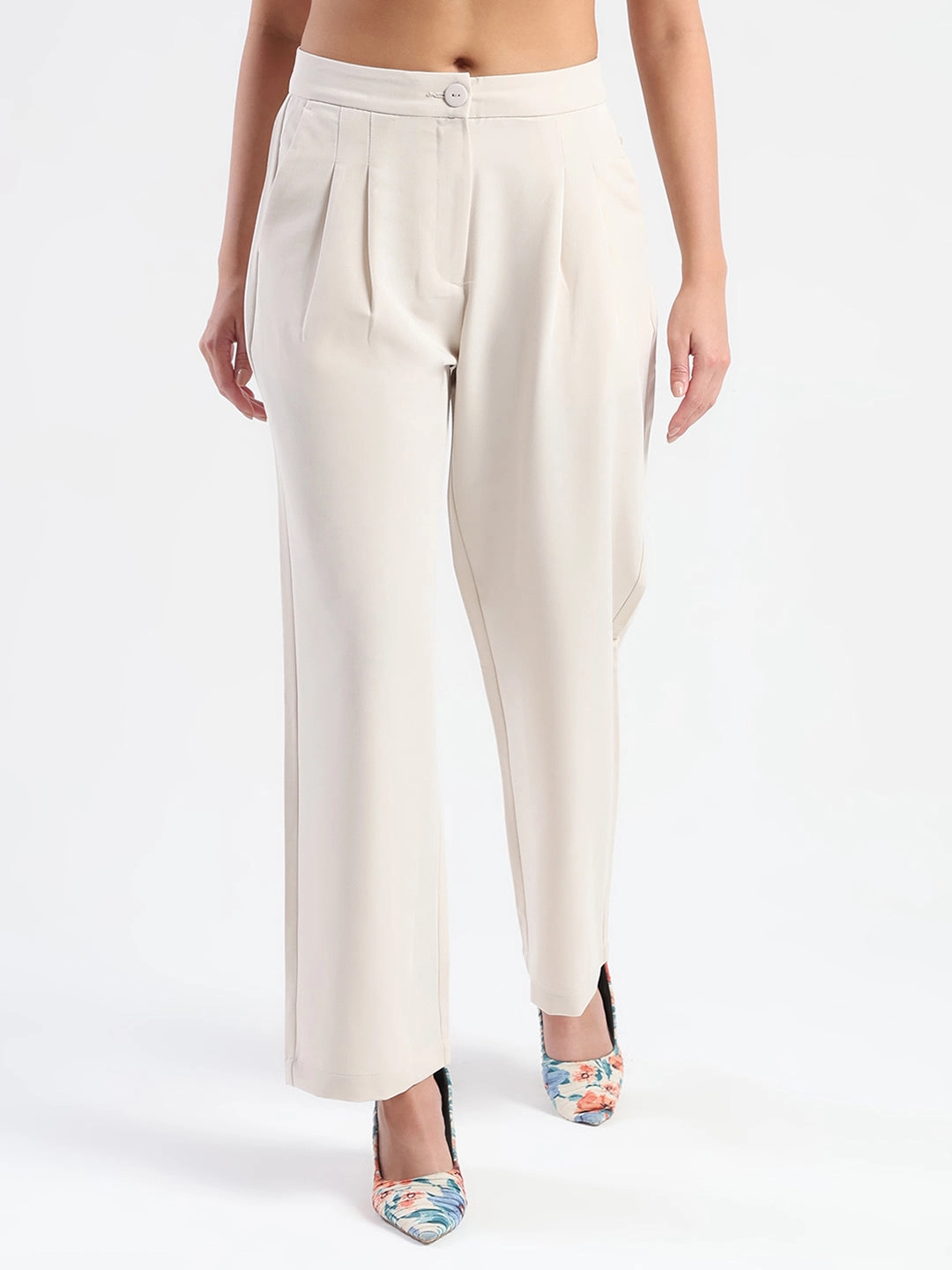 Madame Pleat Detailed Solid Beige Straight Trousers Stretchable Versatile Wear