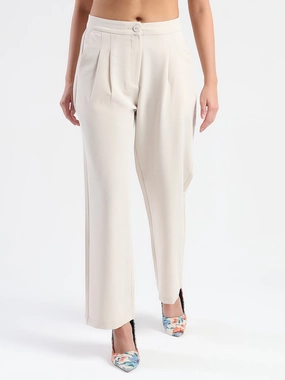Madame Pleat Detailed Solid Beige Straight Trousers Stretchable Versatile Wear