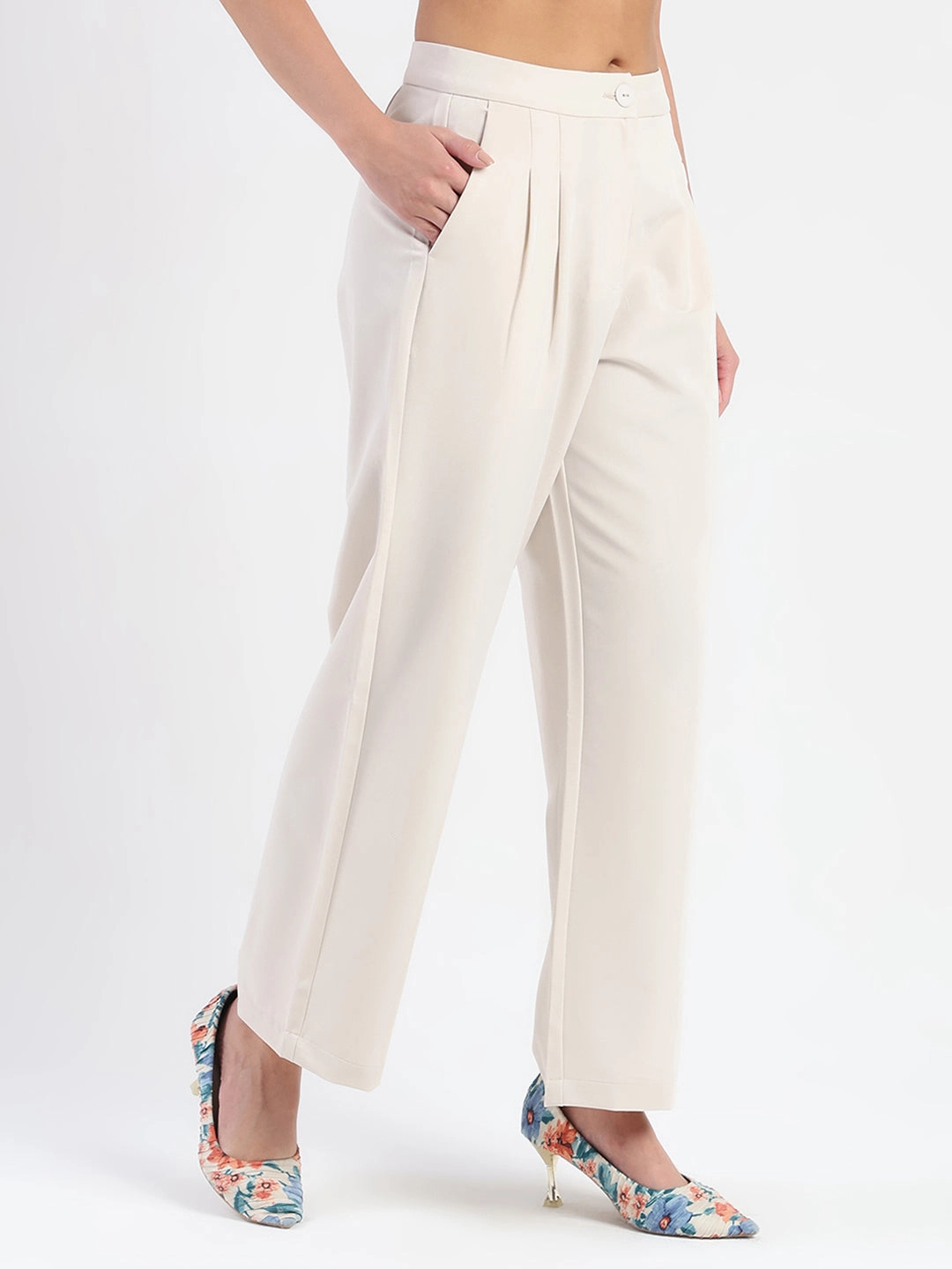 Madame Pleat Detailed Solid Beige Straight Trousers Slim Fit Wear MachineWashable