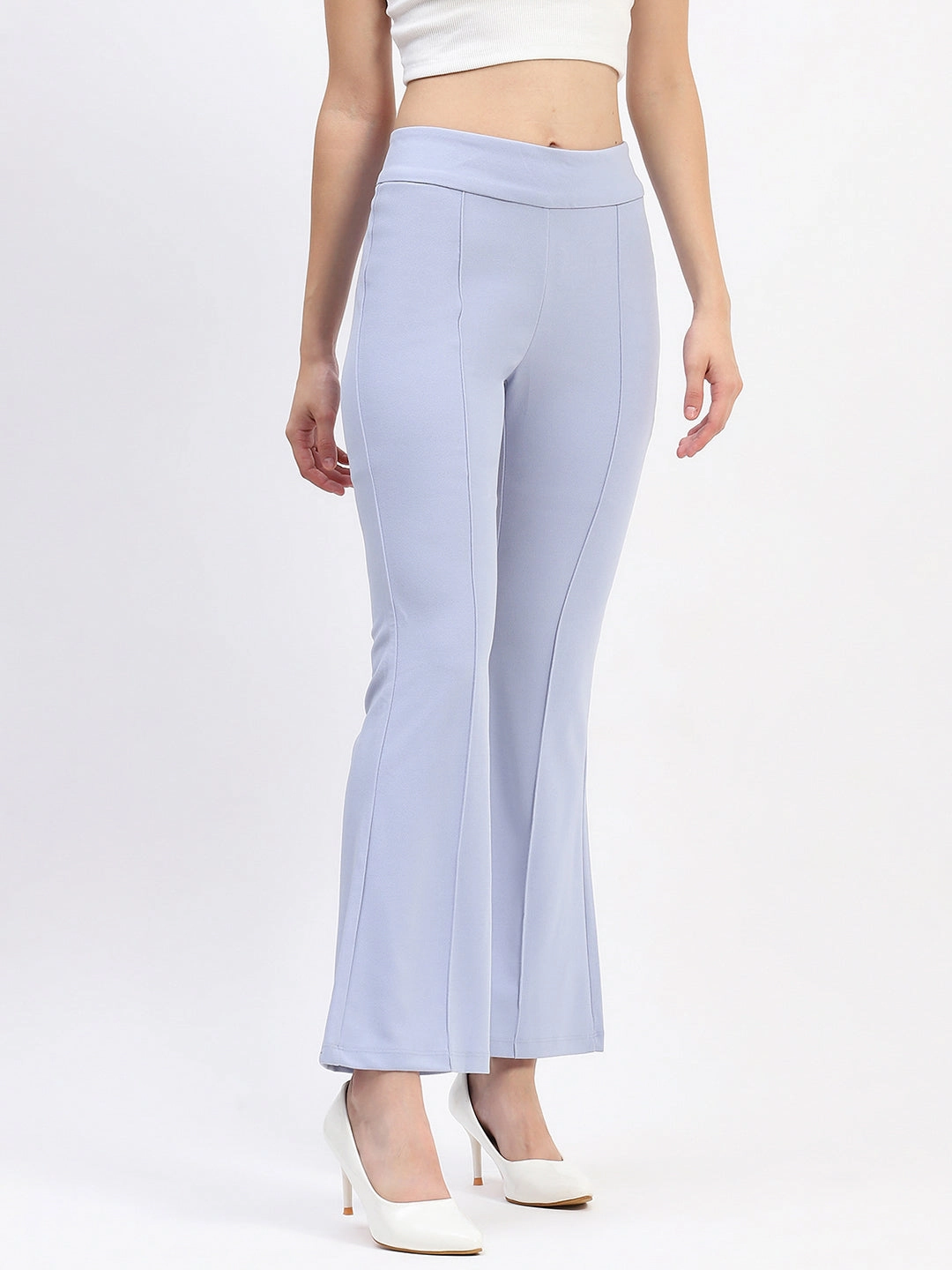 Madame Pleated Elasticated Waist Solid Sky Trousers Breathable Performance Wear No Sagging