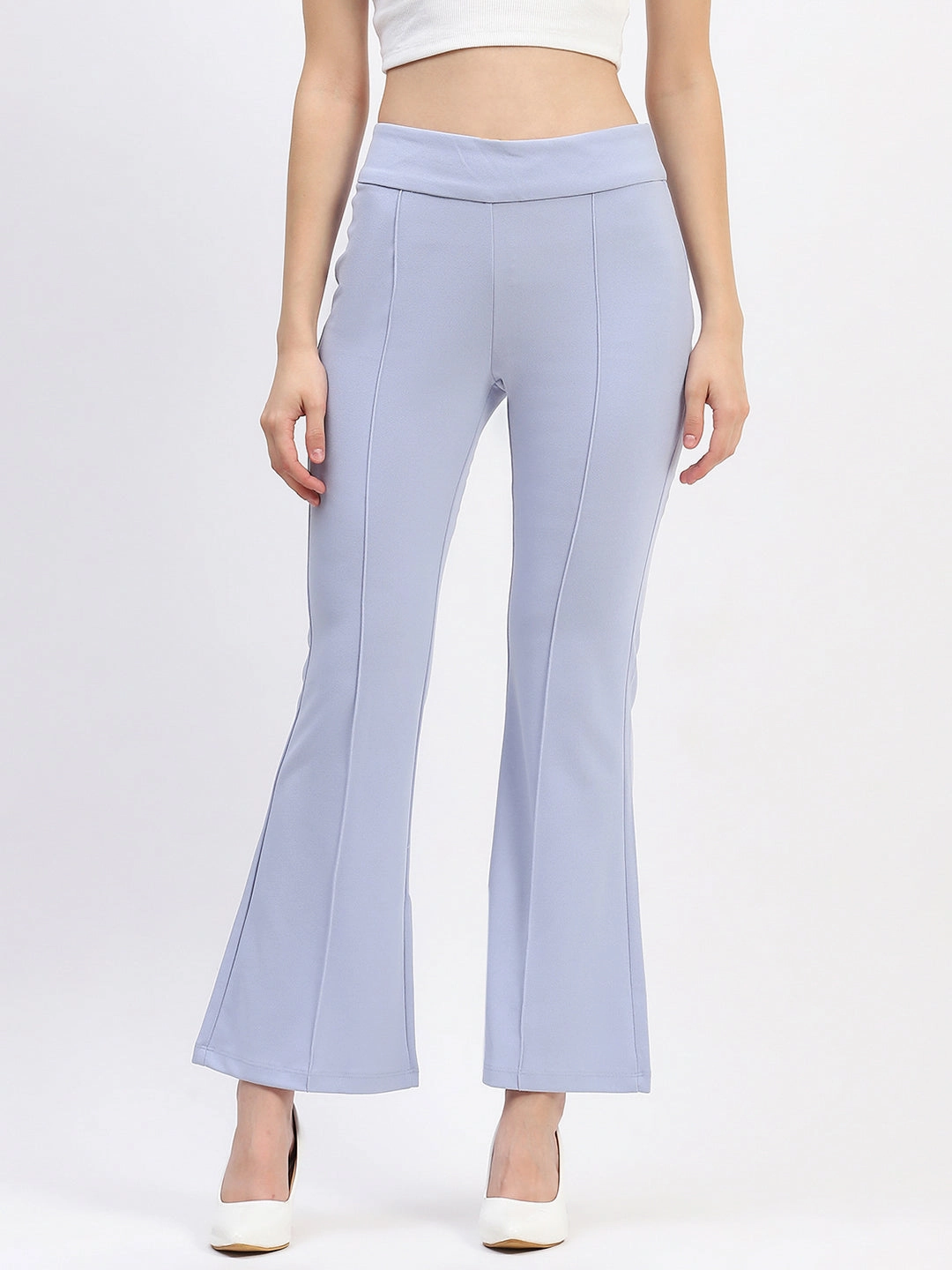 Madame Pleated Elasticated Waist Solid Sky Trousers Light support Essential Wear
