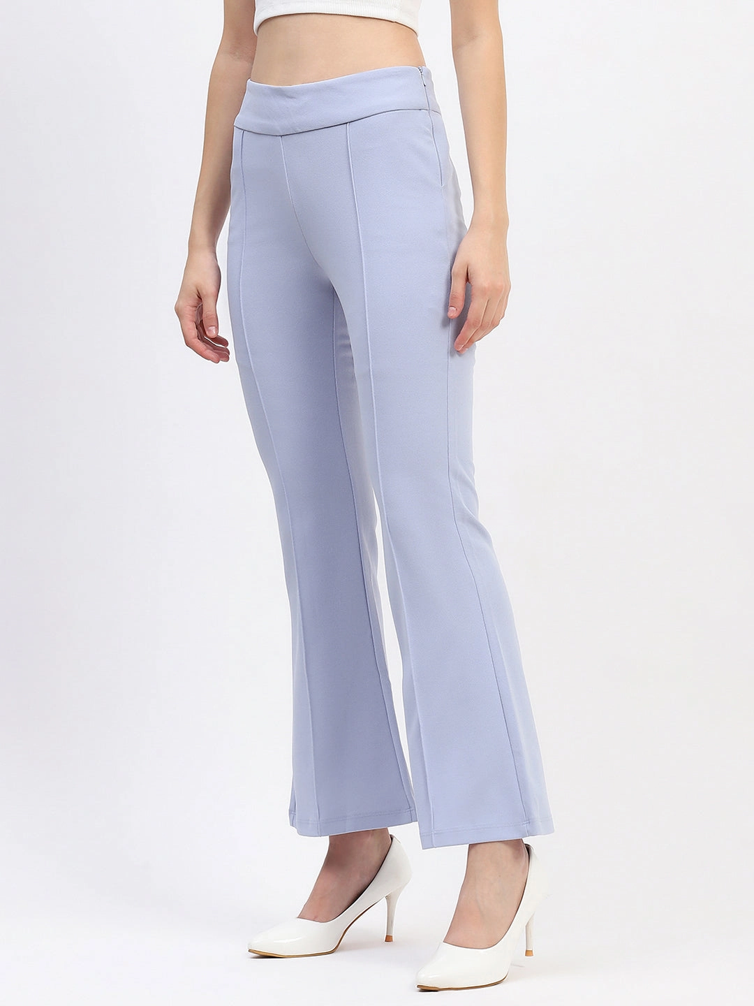 Madame Pleated Elasticated Waist Solid Sky Trousers Comfort Design