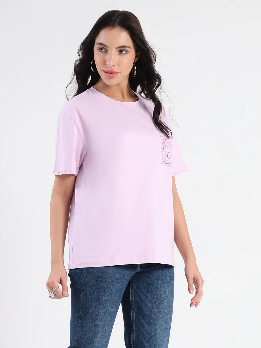 Madame Pocket Detailed Solid Mauve Cotton Blend T-shirt BondedShoulder