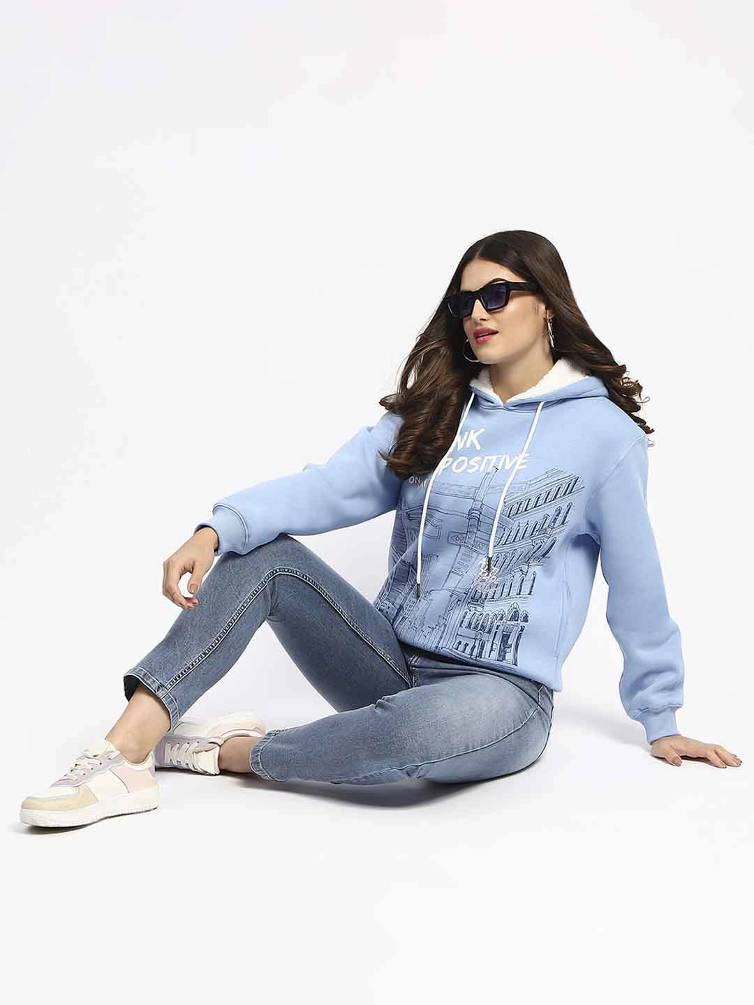 Madame Powder Blue Graphic Printed Hoodie Sweatshirt workout wear glove accents