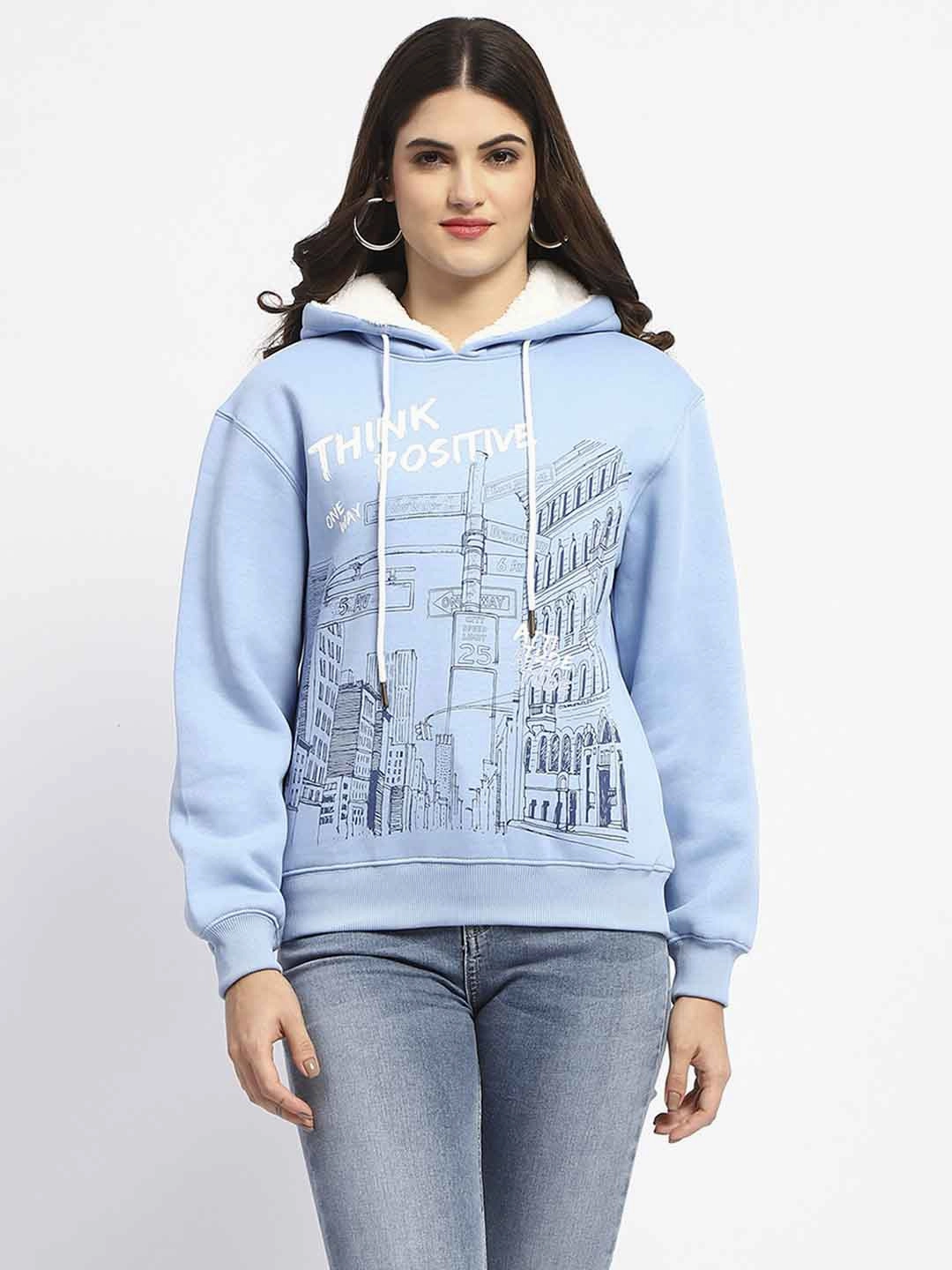 Easy Wear pearl accents Madame Powder Blue Graphic Printed Hoodie Sweatshirt