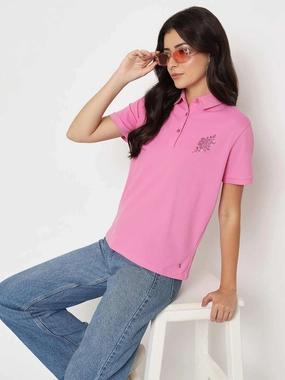 LightReflectiveTrim BreathableFabricTech Madame Print Adorned Cotton Blend Pink  Polo T-shirt