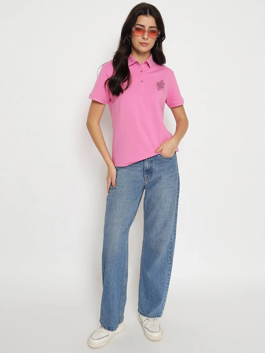 AntiSnag Fabric Sweat Absorbent Inner Layer Madame Print Adorned Cotton Blend Pink  Polo T-shirt