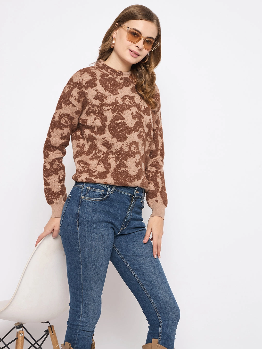 Madame Printed Crew Neck Tan Sweater Premium Knitwear Relaxed Waist