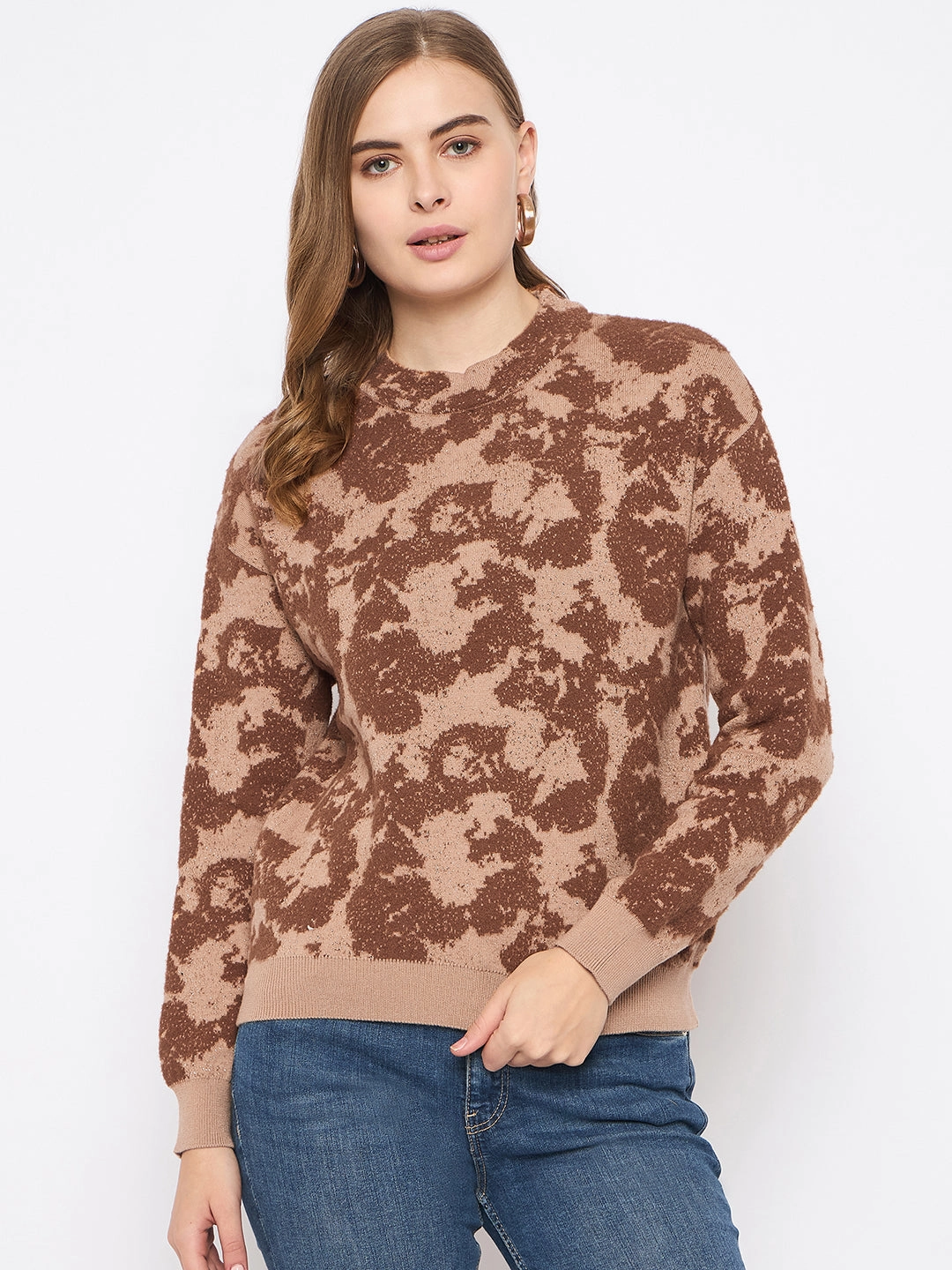 Outdoor Comfort Madame Printed Crew Neck Tan Sweater