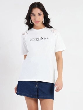 Madame Printed Embroidery Cutwork White Crop T-shirt StretchComfort