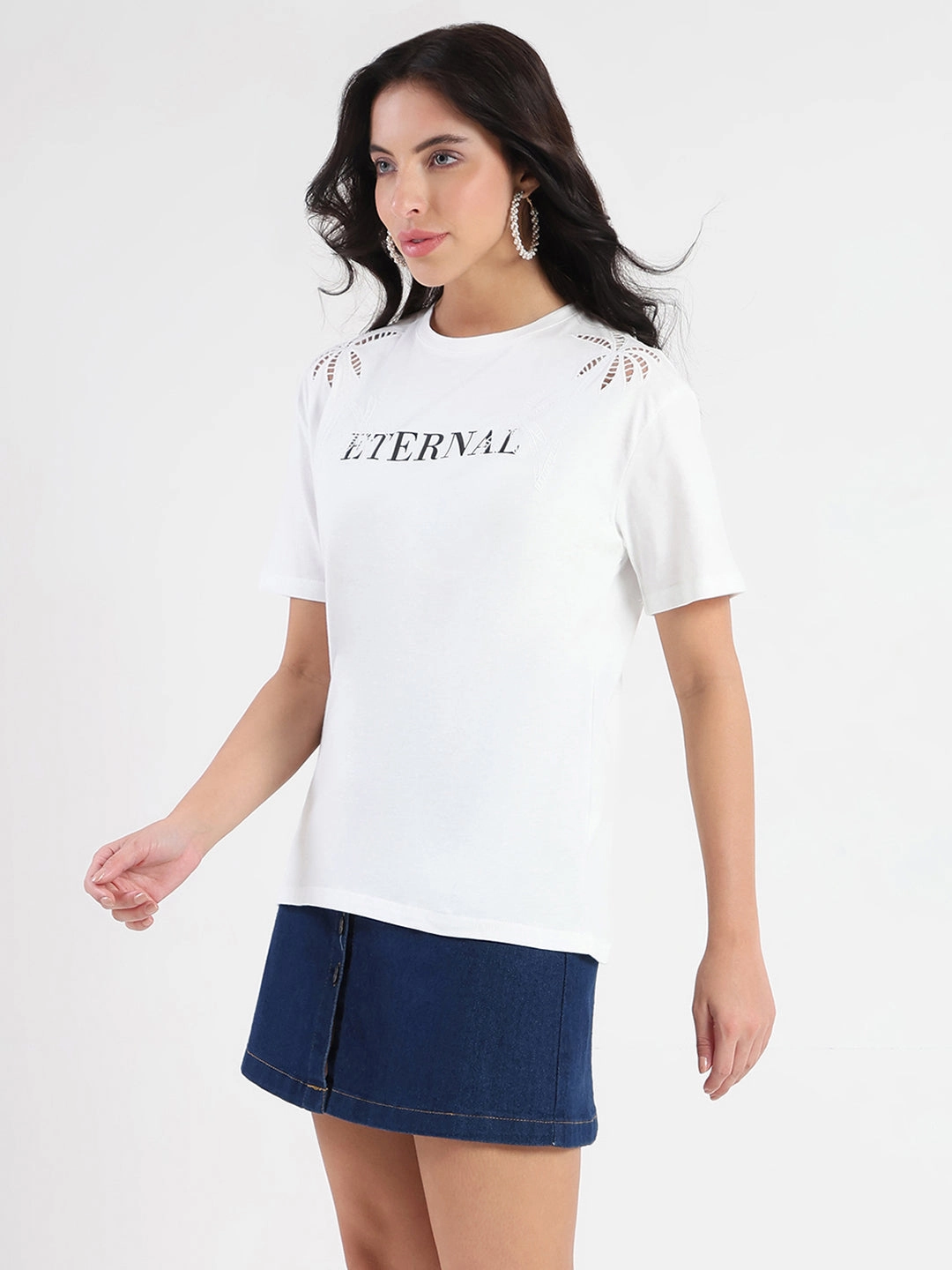 Madame Printed Embroidery Cutwork White Crop T-shirt Tencel Blend Fabric Compression Fit Technology