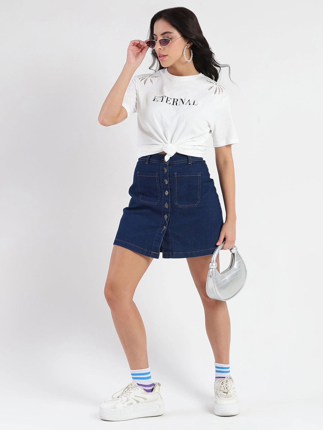 Warm Fabric Madame Printed Embroidery Cutwork White Crop T-shirt