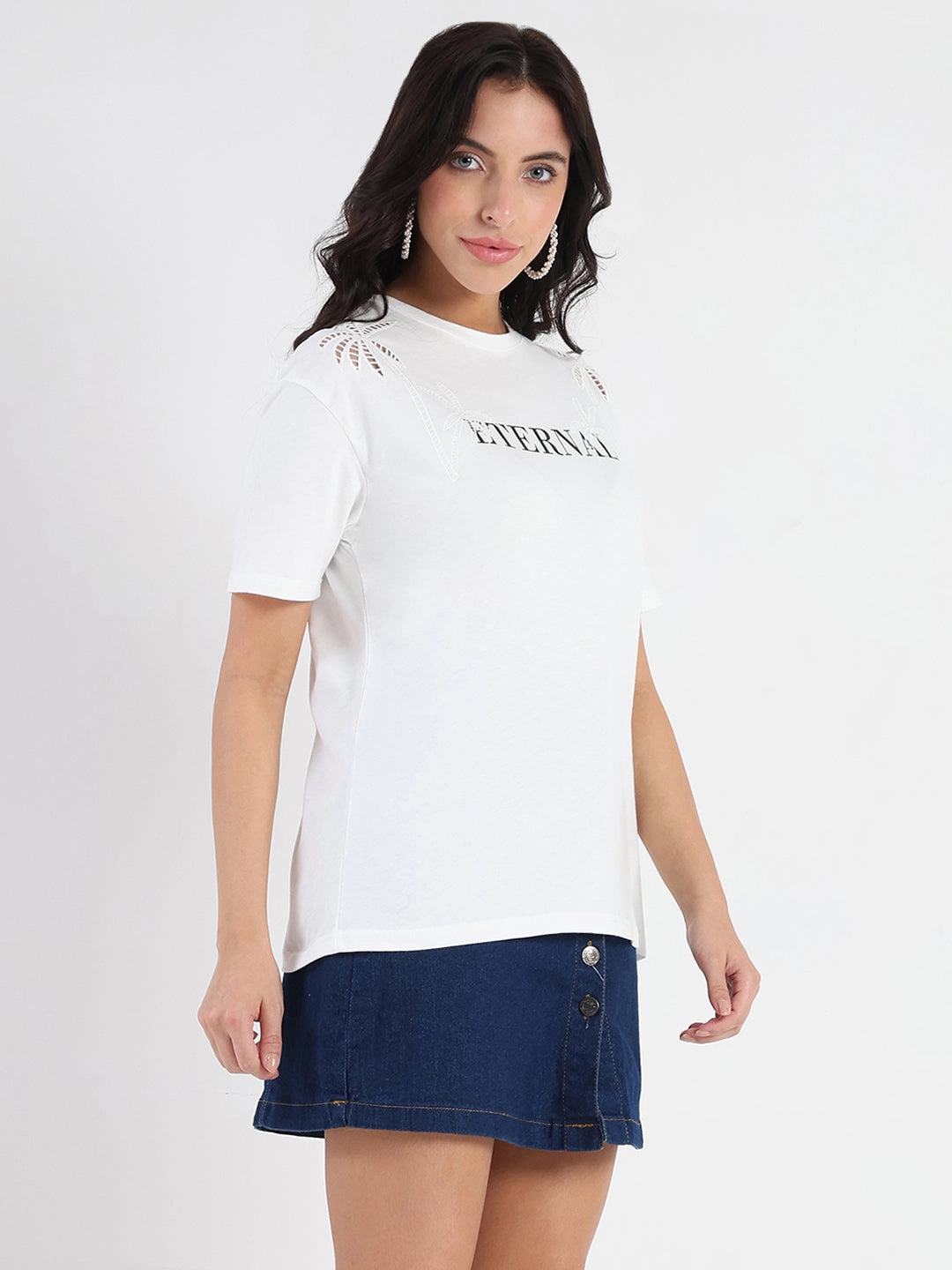 Madame Printed Embroidery Cutwork White Crop T-shirt FlexibleMobility