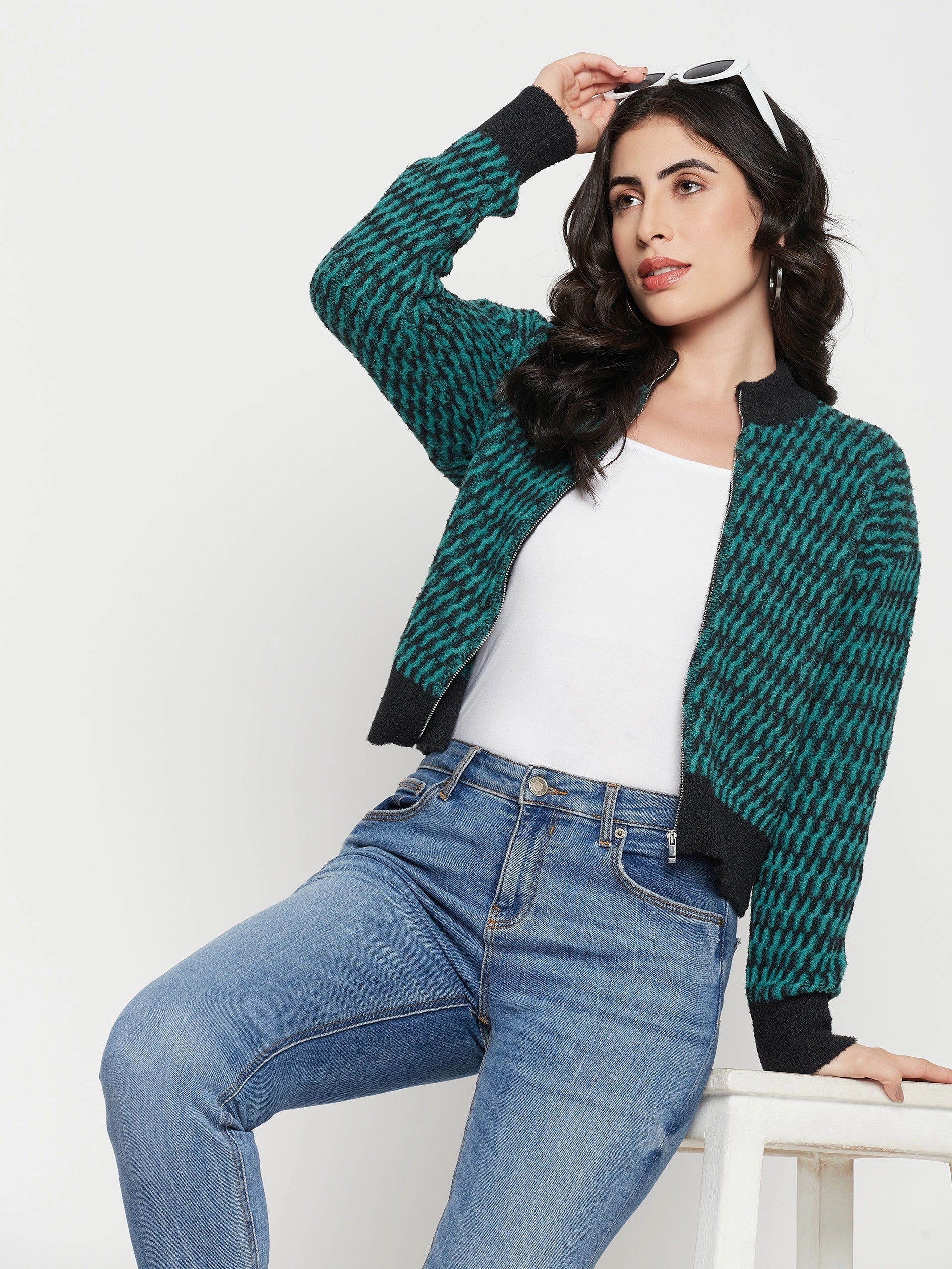 Ribbed Hem Active Fit Madame Printed Emerald Green Sweater