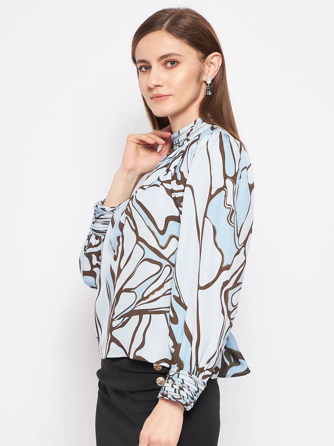RelaxedFit SheerLayering Madame Printed Floral Motif Blue Top