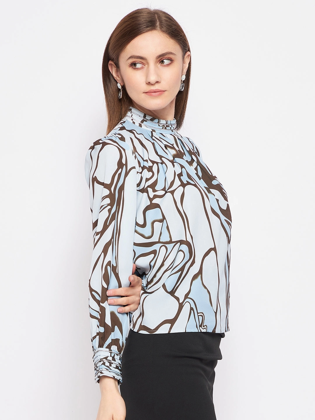 Madame Printed Floral Motif Blue Top BrushedInnerSurface