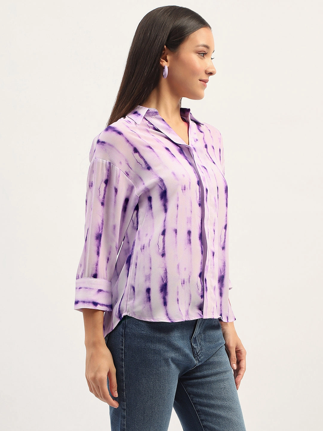 color block Madame Printed Full Sleeve Purple Shirt