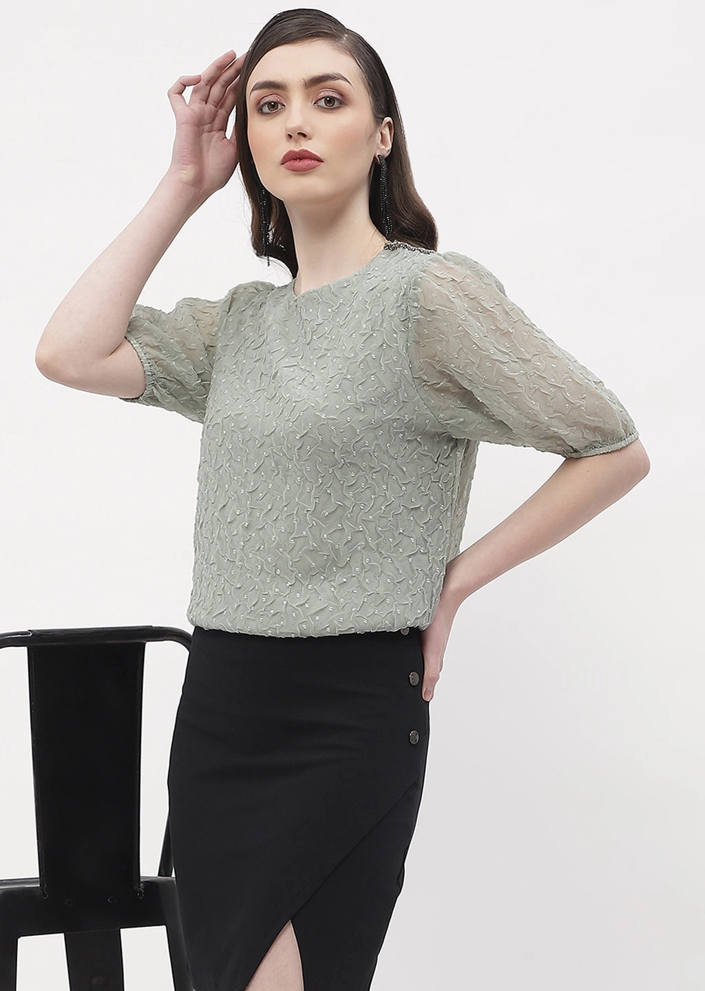 Biodegradable Fiber EcoFriendlyBlend Madame Puff Sleeve Green Crinkled Fabric Top