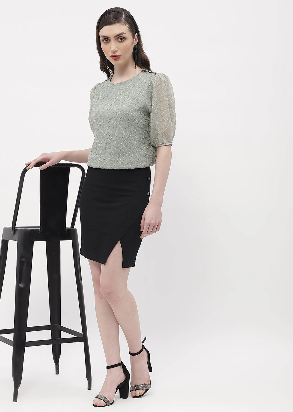 DualLayer Weave High Density Knit Madame Puff Sleeve Green Crinkled Fabric Top