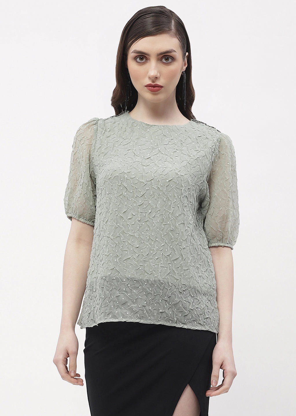 Madame Puff Sleeve Green Crinkled Fabric Top Luxurious Feel