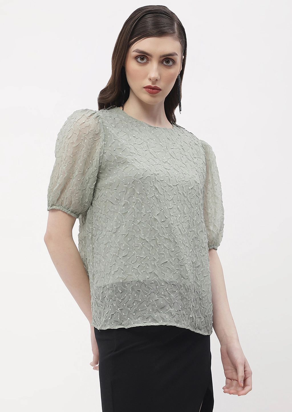 SubtleTexture Madame Puff Sleeve Green Crinkled Fabric Top