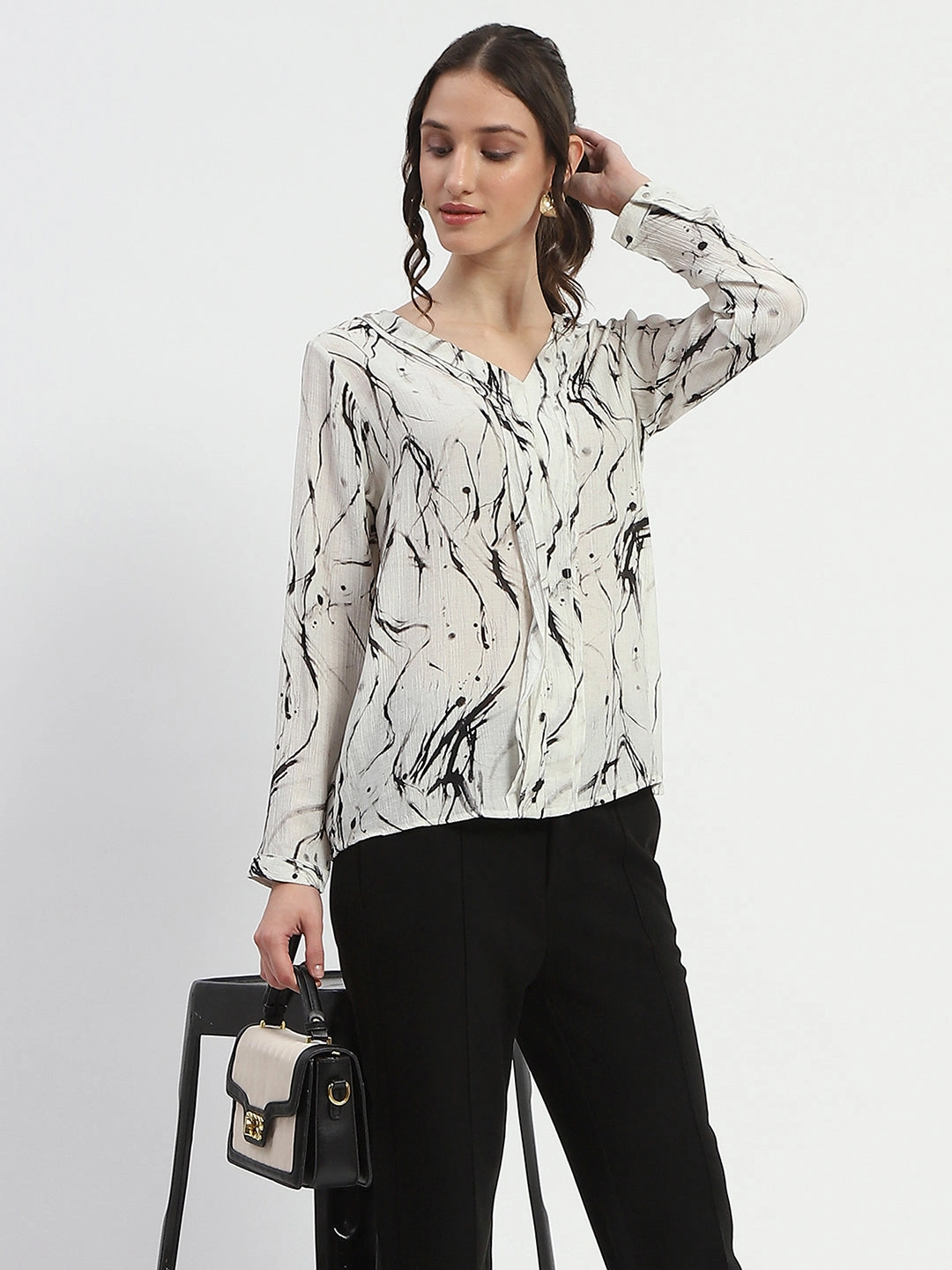 Madame Rayon Blend Abstract Print Off White Top Hidden Zipper
