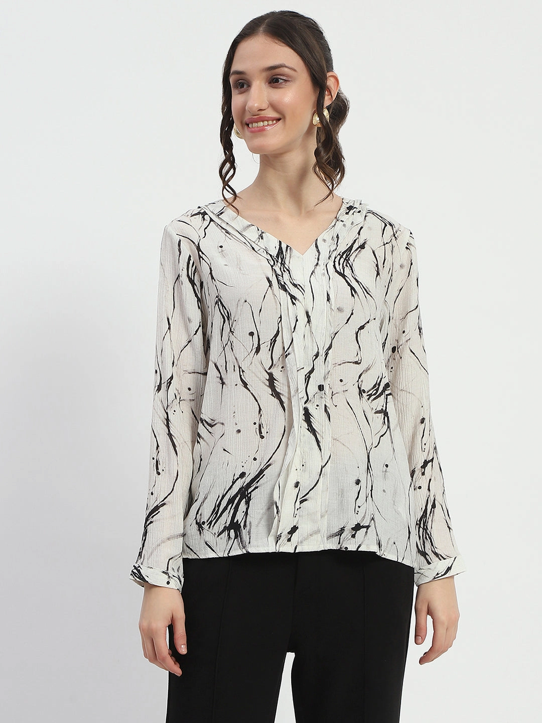 Brushed Inner Layer Madame Rayon Blend Abstract Print Off White Top