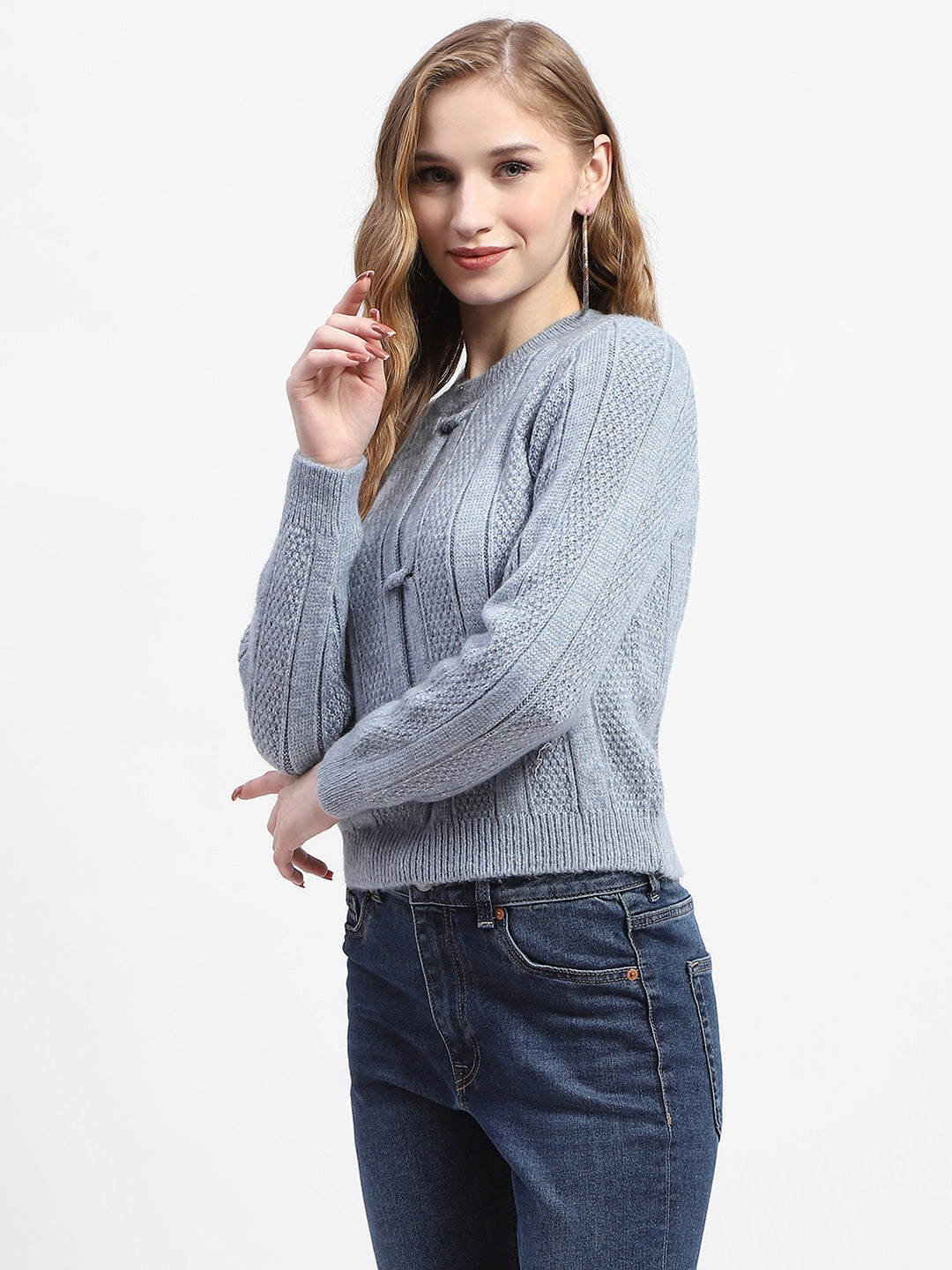 Madame Rib Neck Blue Knitted Sweater Basic Layer Static Reducing Finish