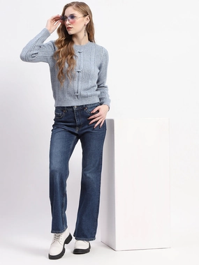 Chic and Warm Madame Rib Neck Blue Knitted Sweater